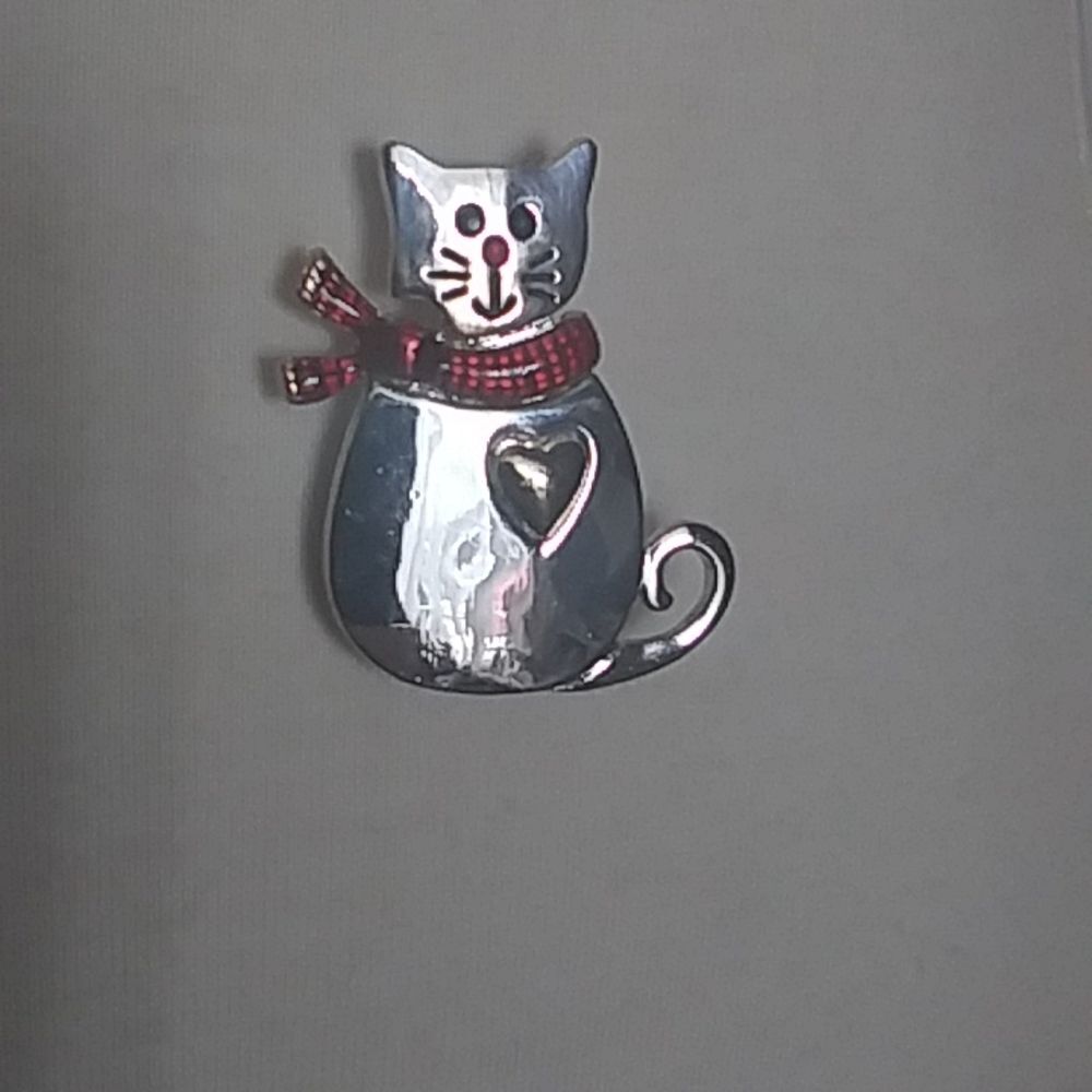 Cat Pin Red Scarf and Silver+Gold Tone Brooch/Scarf Pin w/ Heart